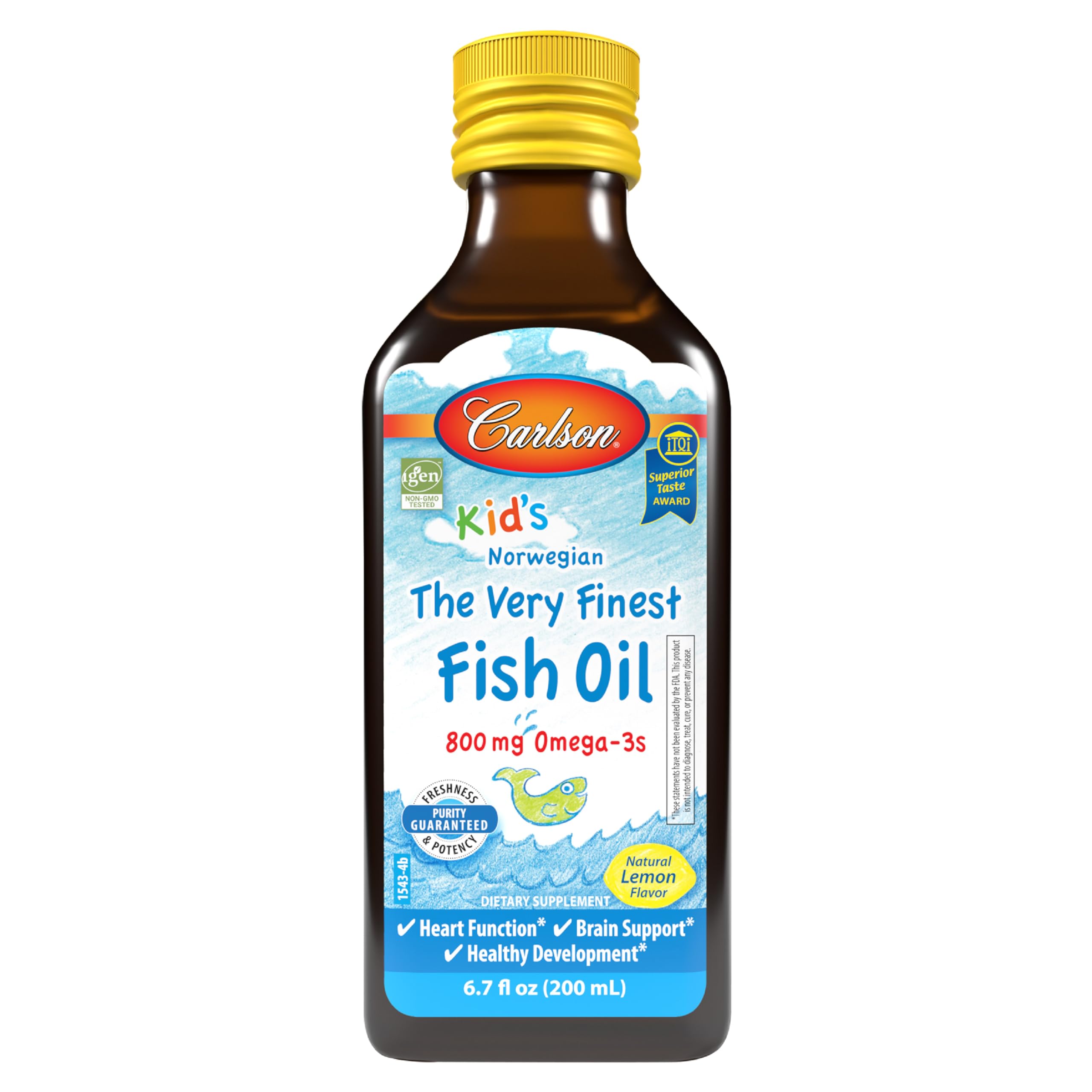 Front view of Carlson Kid's The Very Finest Fish Oil Liquid lemon 200 ml
