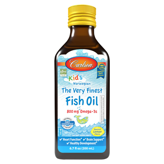 Front view of Carlson Kid's The Very Finest Fish Oil Liquid lemon 200 ml