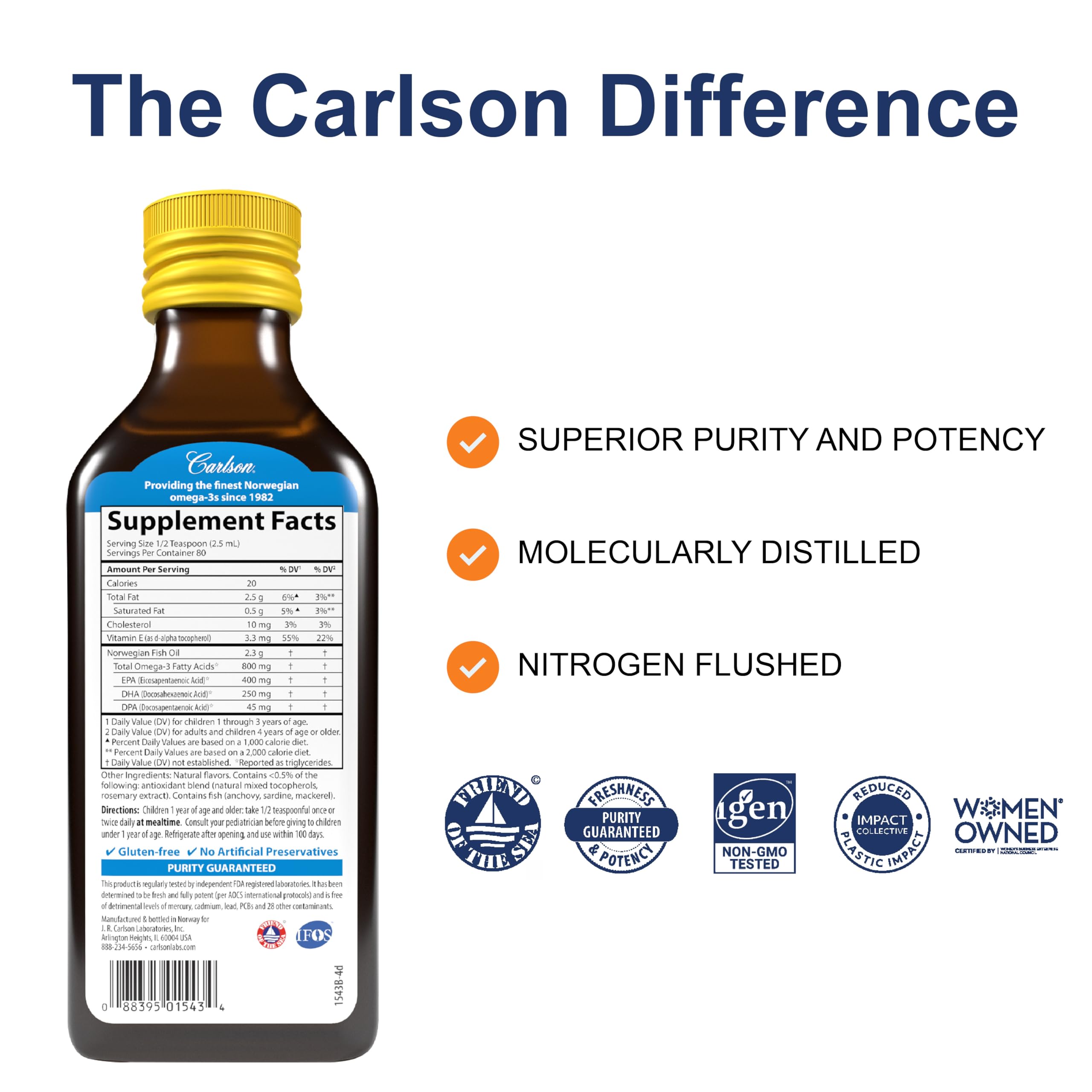 Carlson Kid's lemon-flavored fish oil bottle side profile