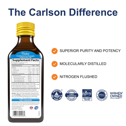 Carlson Kid's lemon-flavored fish oil bottle side profile