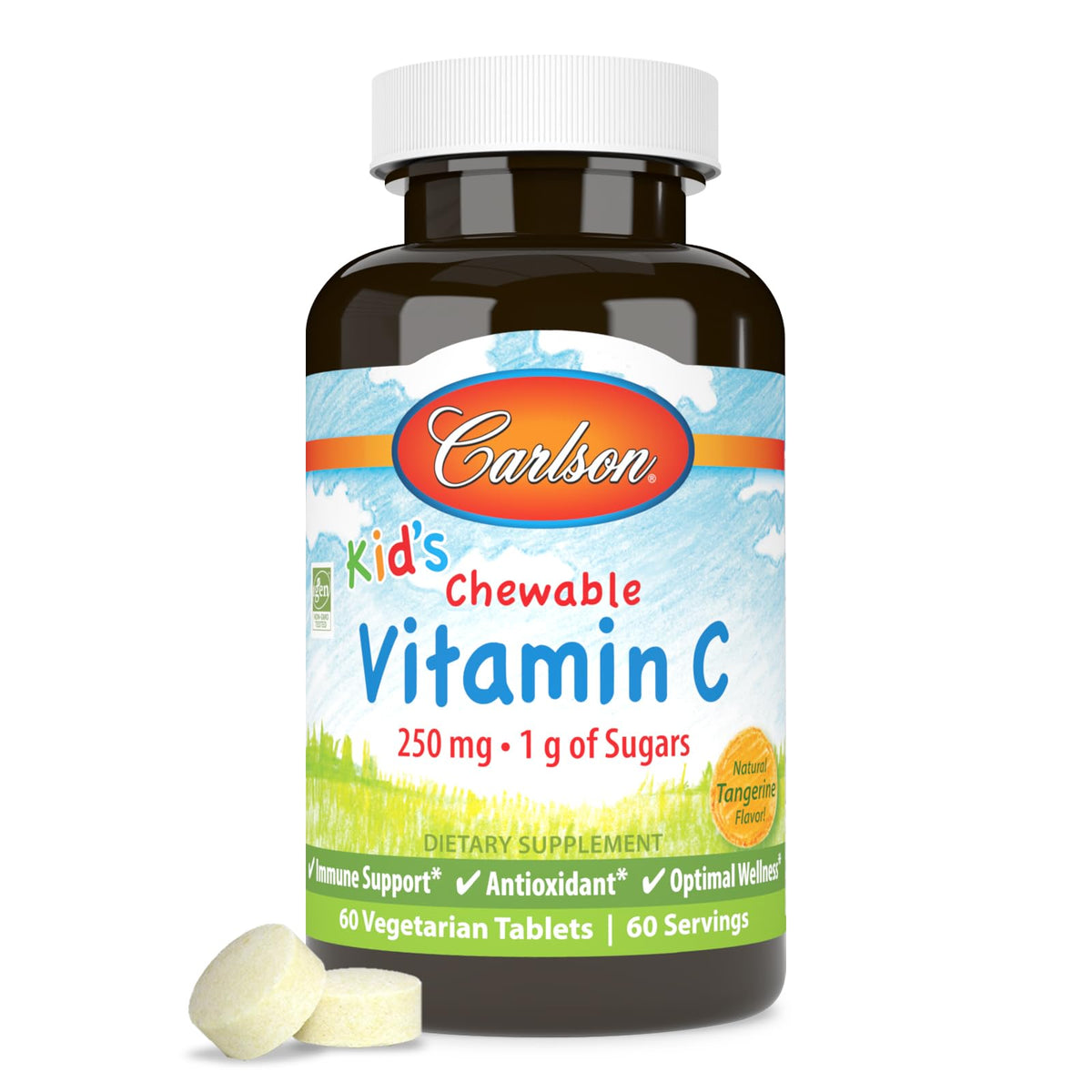 Bottle of Carlson Kids Vitamin C Tangerine chewables, 60 vegetarian tablets