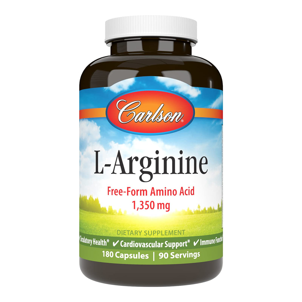 Carlson L-Arginine 675 mg bottle with 180 capsules on white background