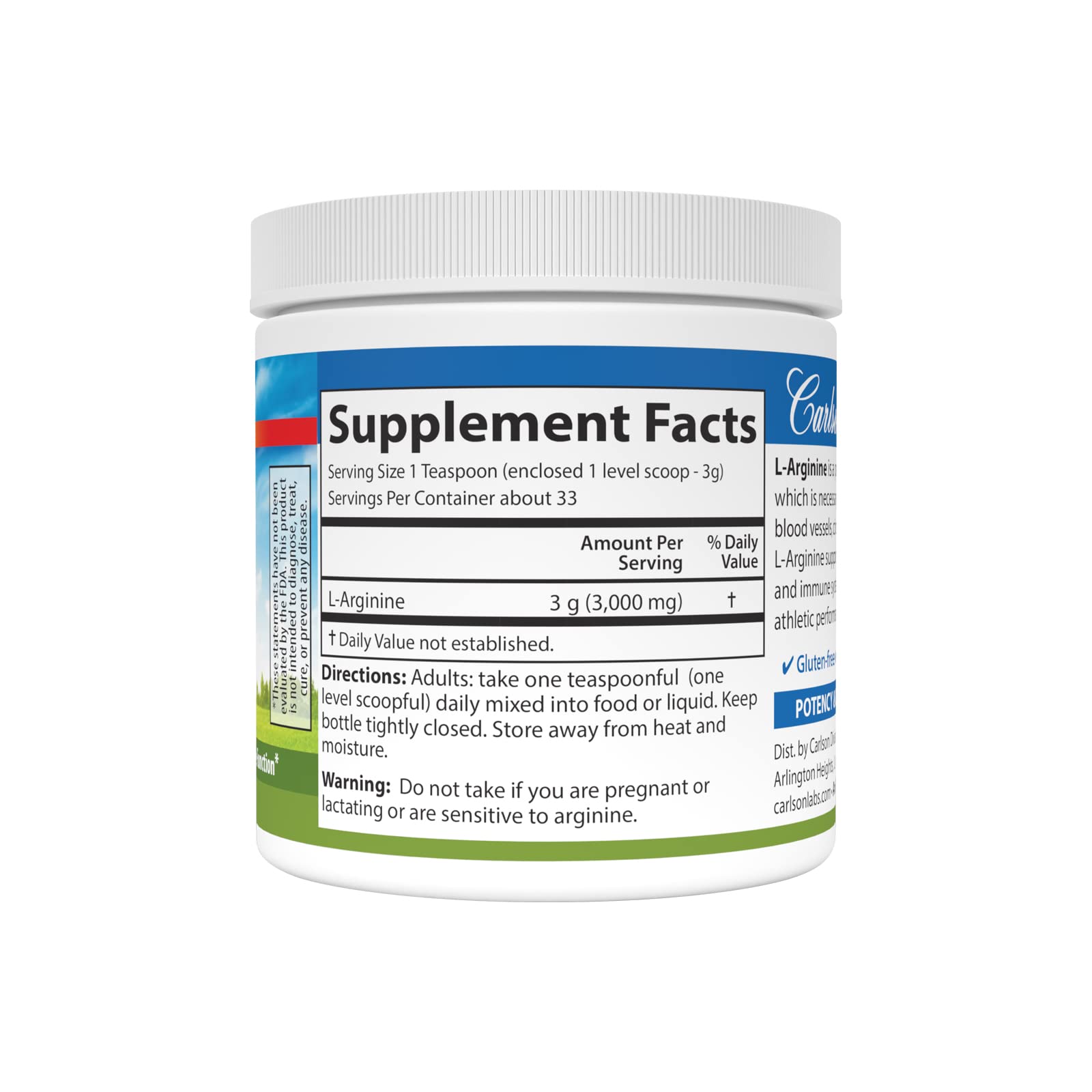 Scoop of Carlson L-Arginine powder showing 1 teaspoon