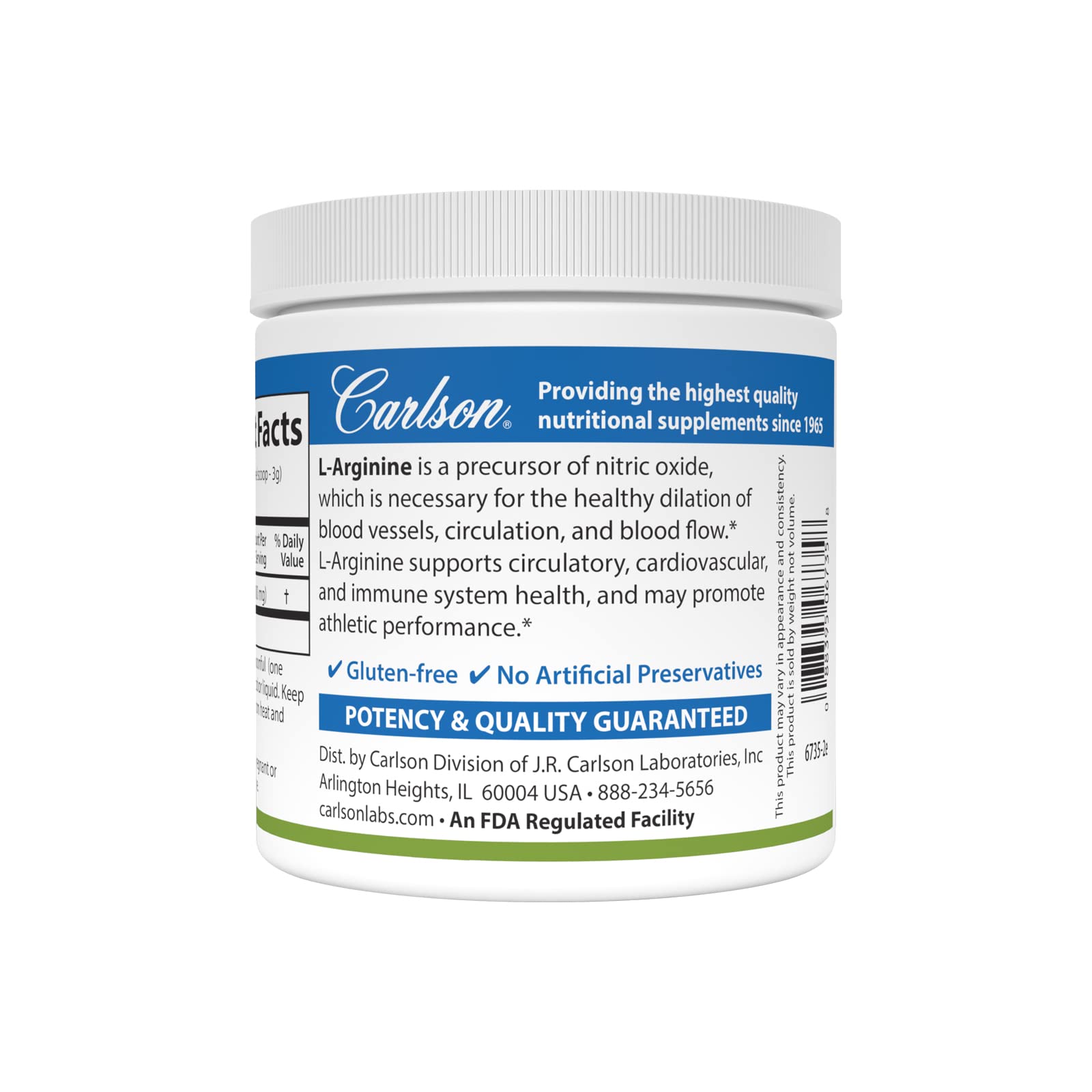 Close-up of ingredients and nutrition information for Carlson L-Arginine