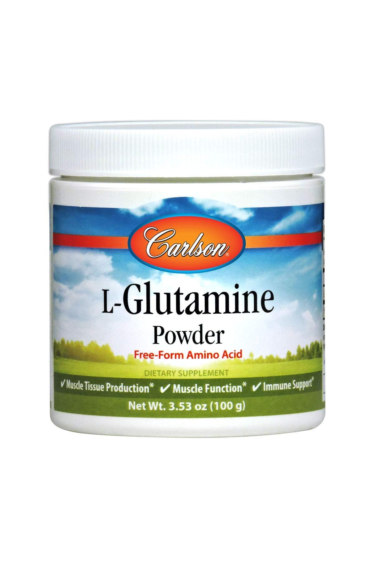 Carlson L-Glutamine powder jar front view, 100 g