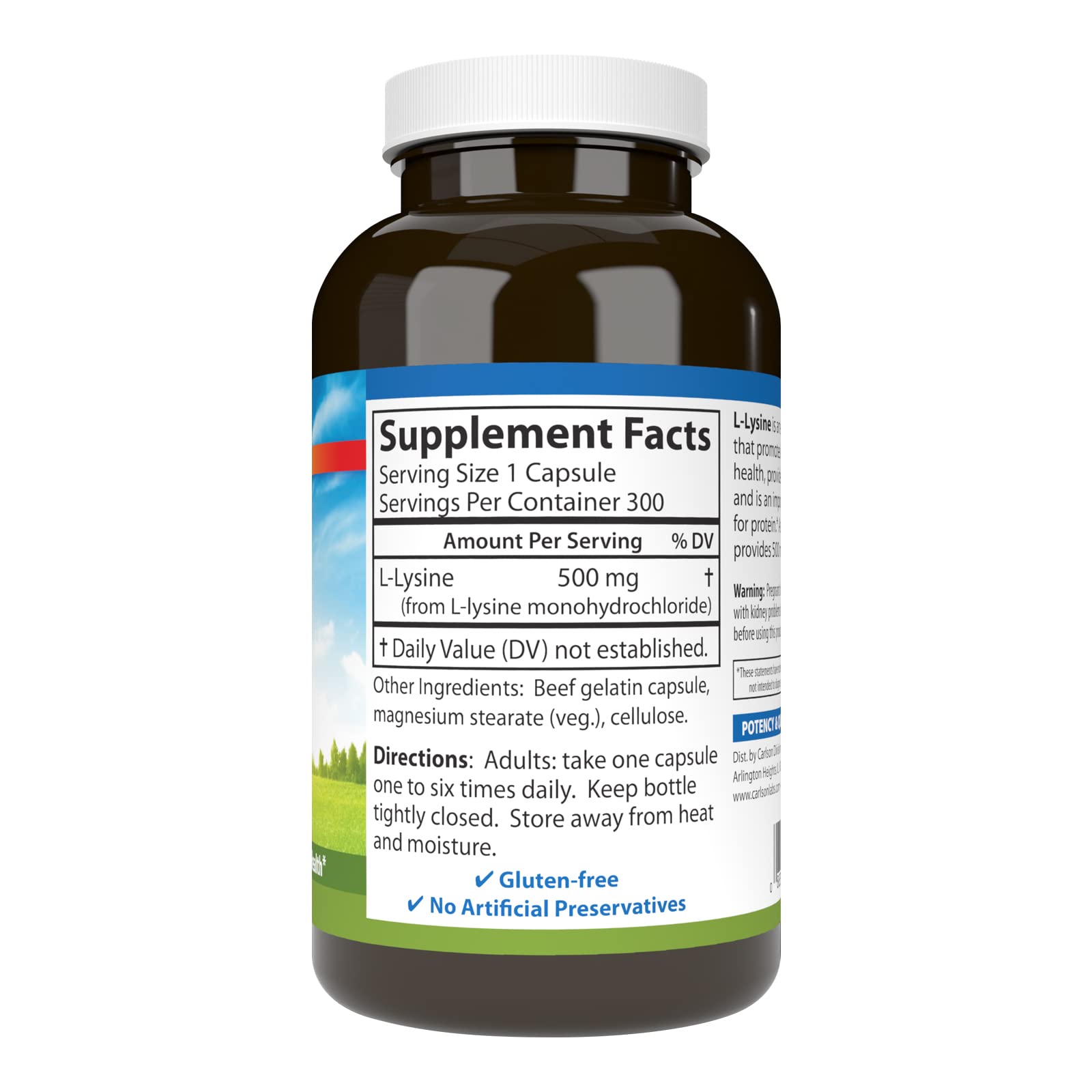 Label of Carlson L-Lysine 500 mg bottle
