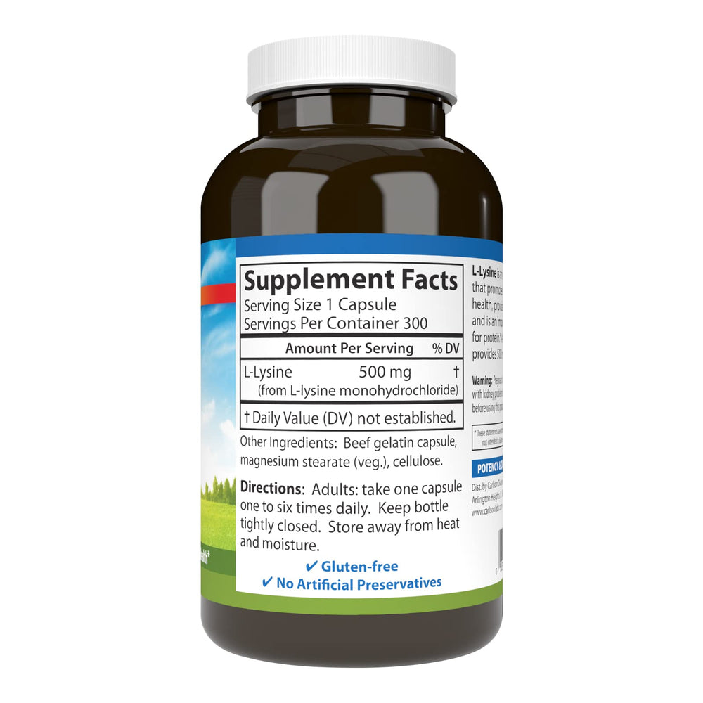 Label of Carlson L-Lysine 500 mg bottle