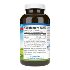 Label of Carlson L-Lysine 500 mg bottle