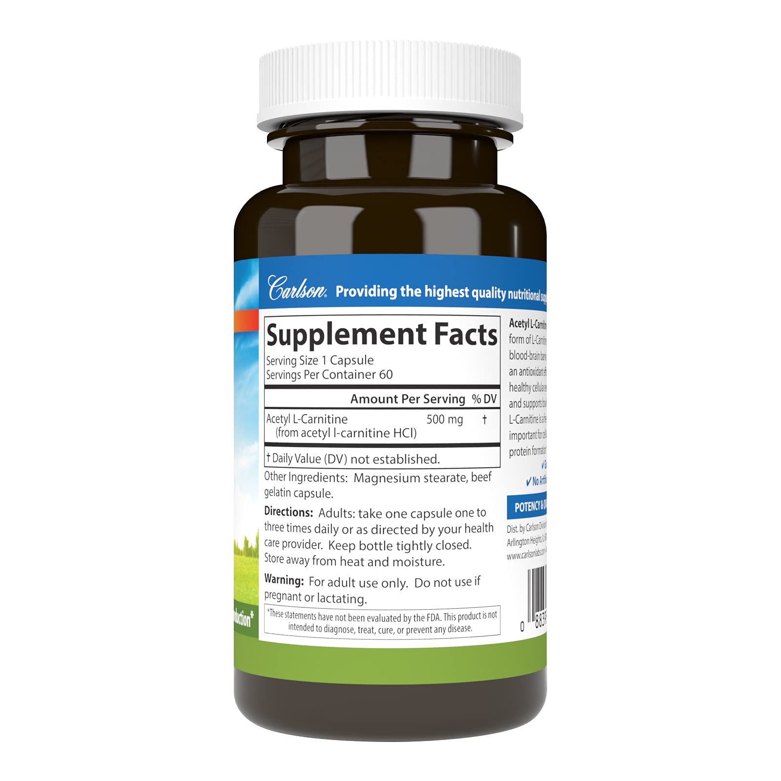 Label showing Carlson Acetyl L-Carnitine 500mg 60 capsules