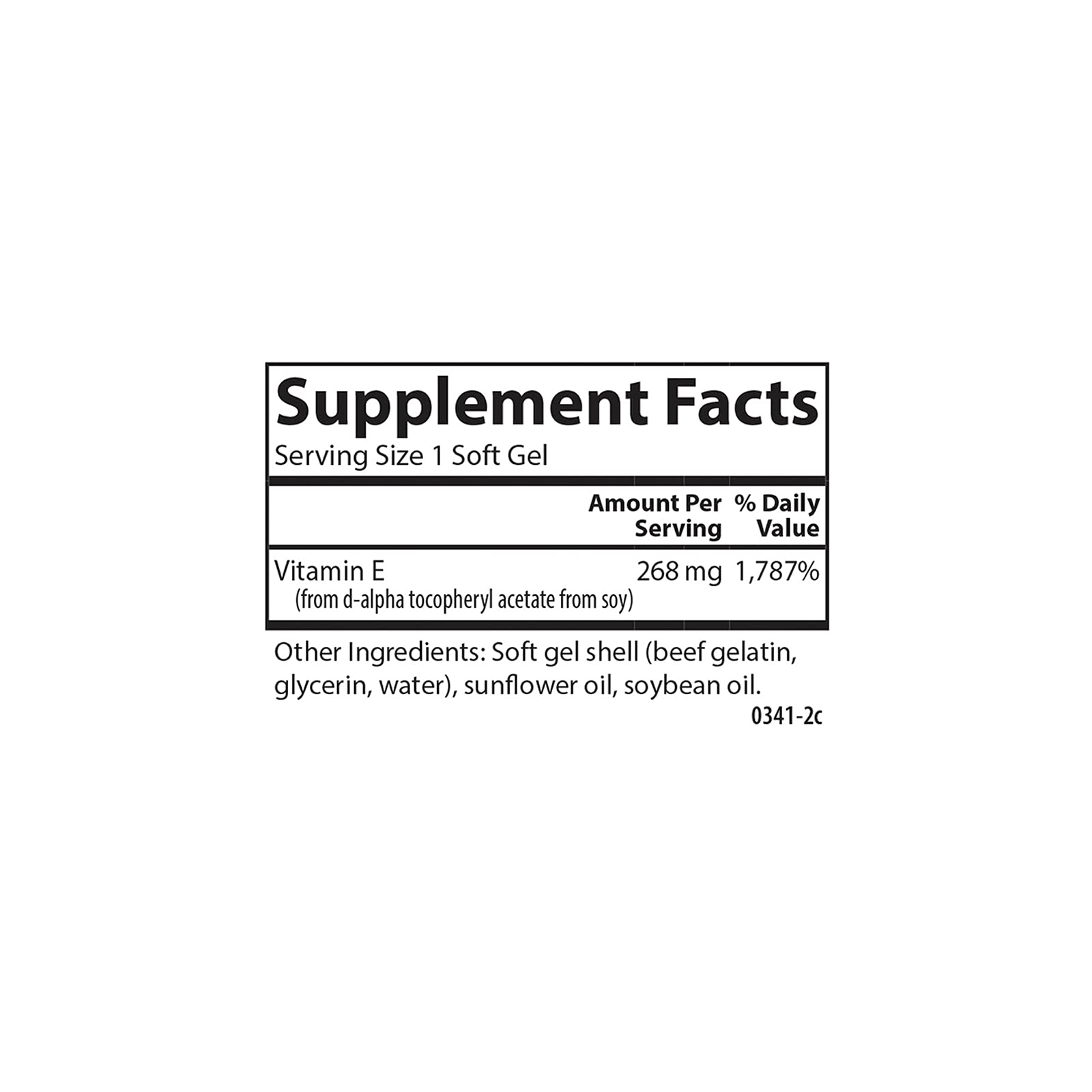 Serving size and supplement facts for Carlson E-Gems Vitamin E