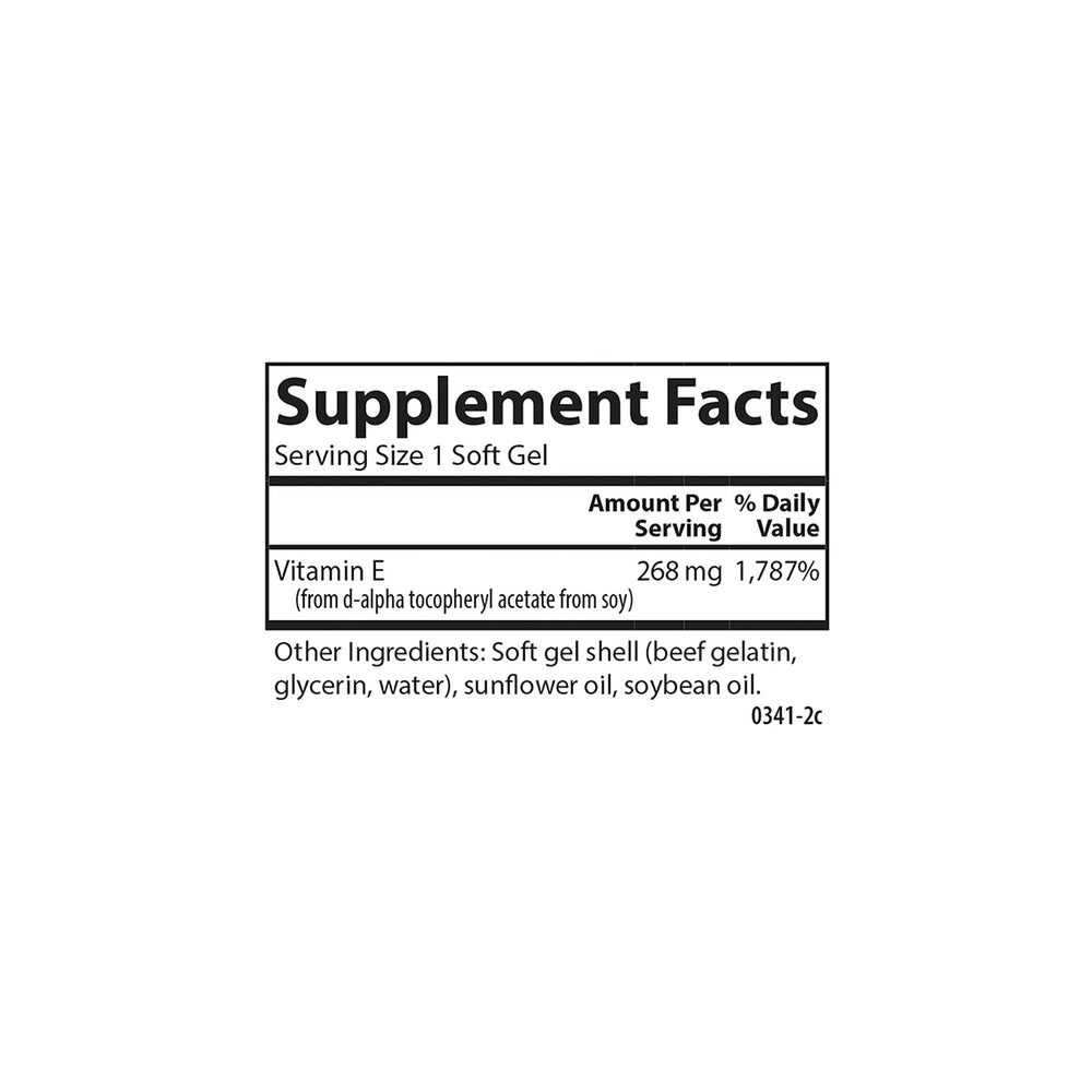Serving size and supplement facts for Carlson E-Gems Vitamin E