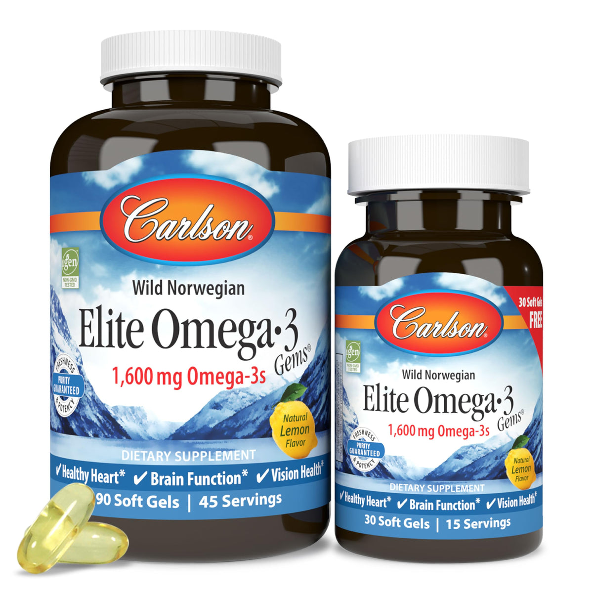 Front view of Carlson Labs Elite Omega-3 1600 mg Gems Fish Oil Soft Gels Lemon Flavor, 2-Pack