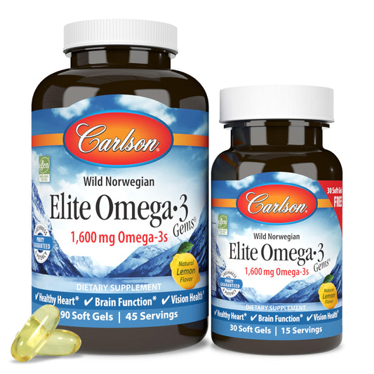 Front view of Carlson Labs Elite Omega-3 1600 mg Gems Fish Oil Soft Gels Lemon Flavor, 2-Pack