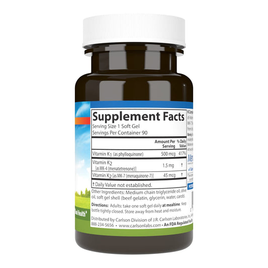 Close-up of Carlson Labs K Complete Softgels bottle