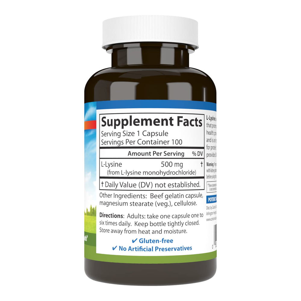 L-Lysine 500mg capsules arranged on a surface