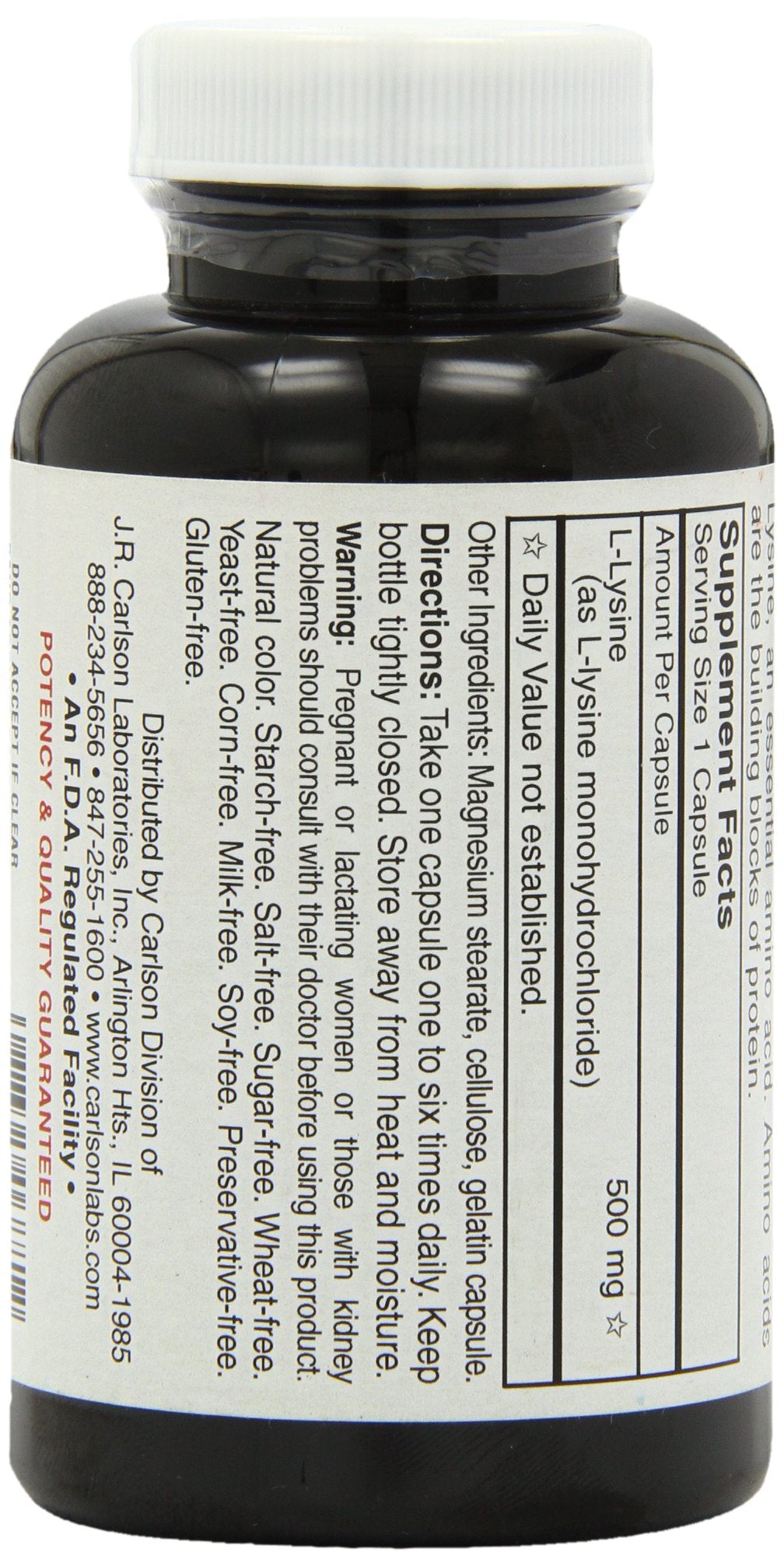Supplement facts panel for Carlson L-Lysine 500mg