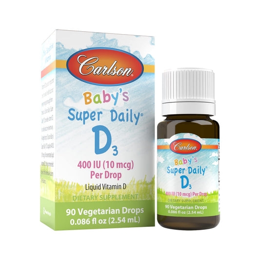 Carlson Super Daily D3 for Baby bottle front label showing 0.086 fl oz