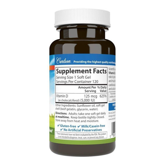 Bottle of Carlson Labs Vitamin D3 5000 IU Soft Gels with 120 softgels