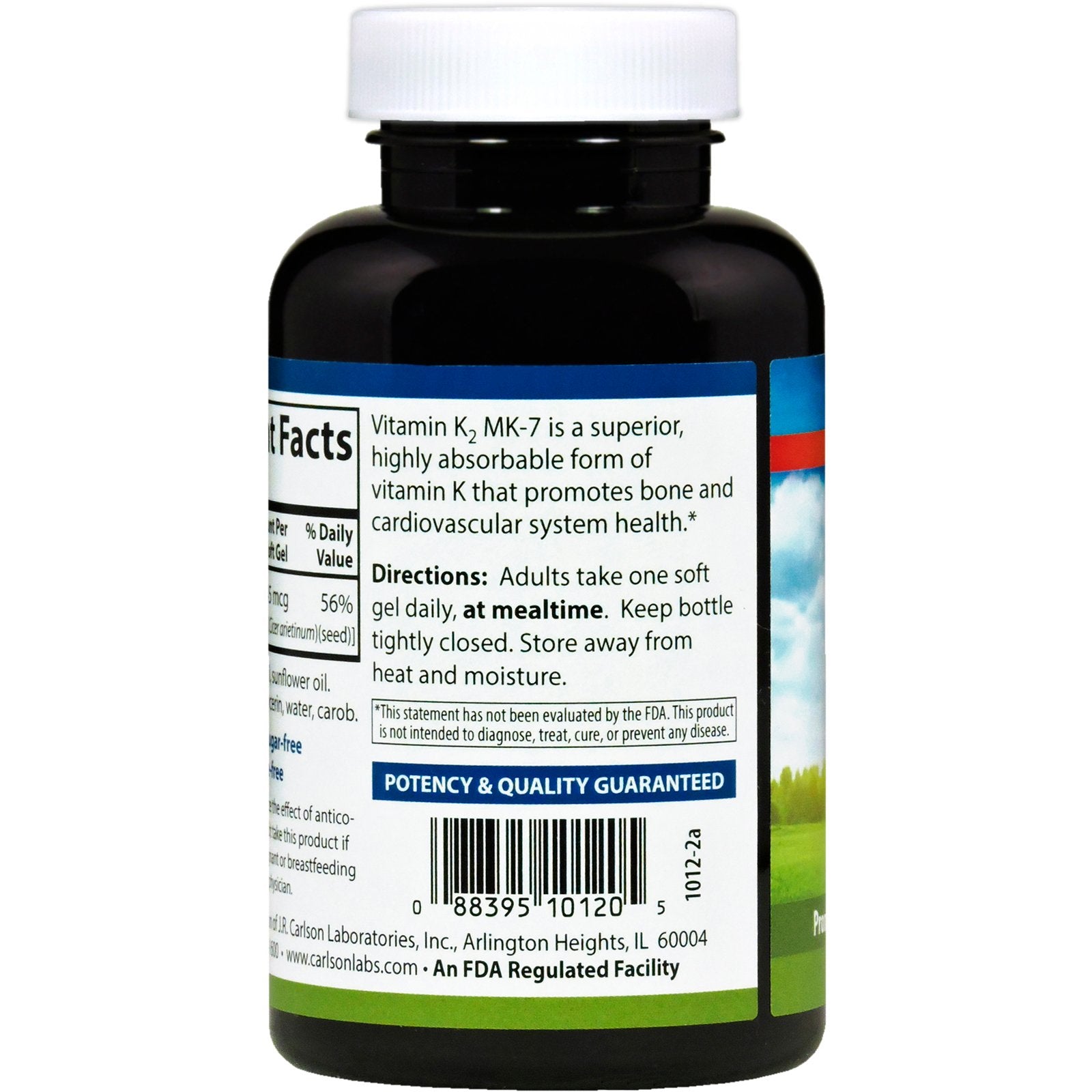 Nutrition facts and ingredients for Carlson Labs Vitamin K2-7 45 mcg MK-7 softgels, 180 count