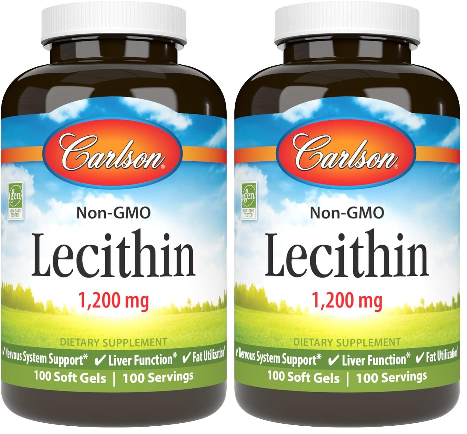 Front view of Carlson Lecithin 1200 mg non-GMO softgels in a pack2 bottle