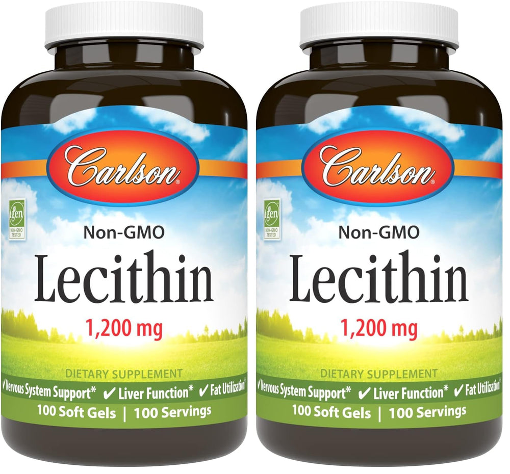 Front view of Carlson Lecithin 1200 mg non-GMO softgels in a pack2 bottle