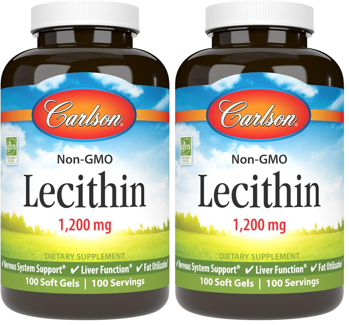 Front view of Carlson Lecithin 1200 mg non-GMO softgels in a pack2 bottle