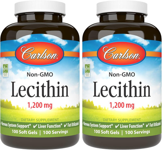 Front view of Carlson Lecithin 1200 mg non-GMO softgels in a pack2 bottle