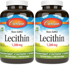 Front view of Carlson Lecithin 1200 mg non-GMO softgels in a pack2 bottle