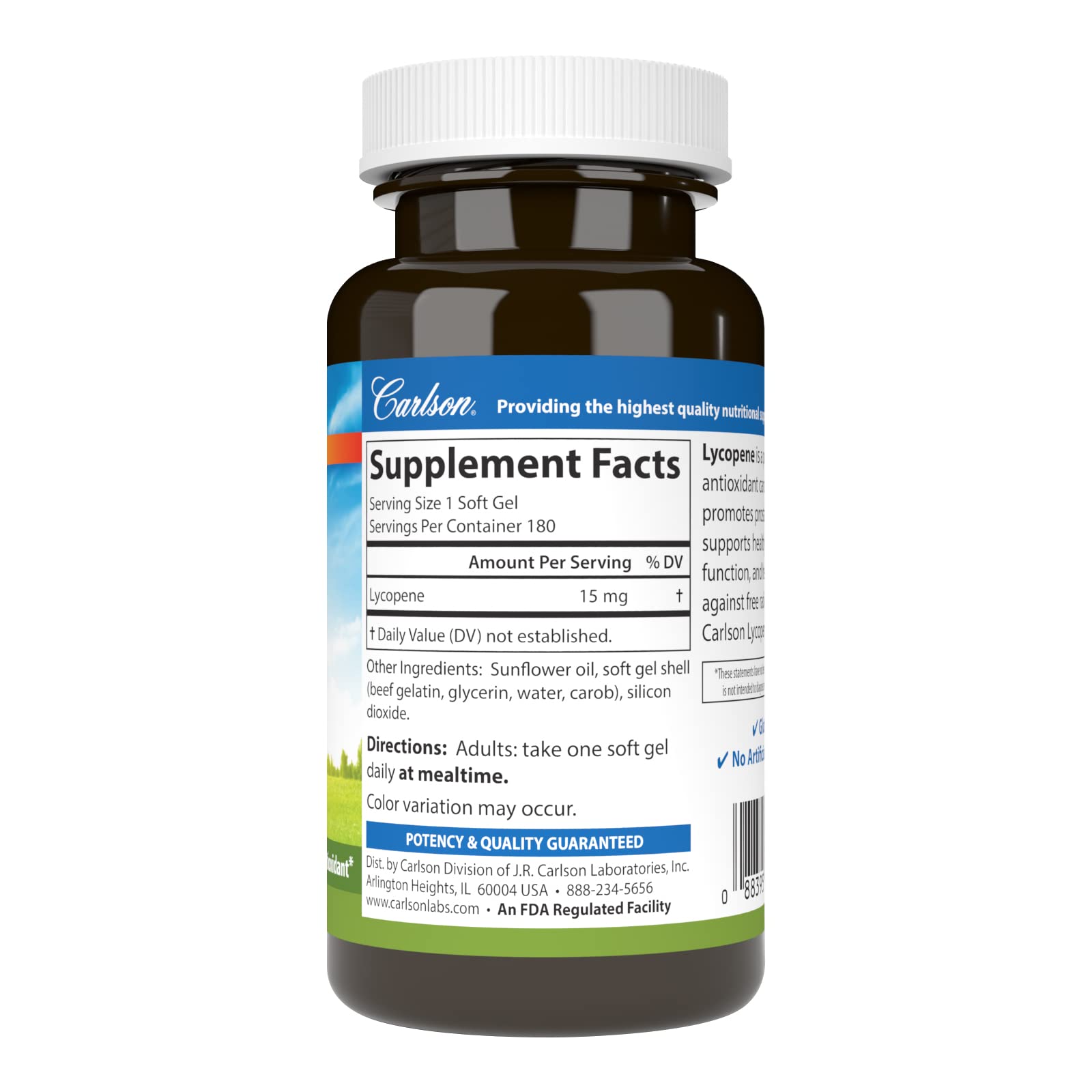 Close-up of Carlson Lycopene 15 mg label