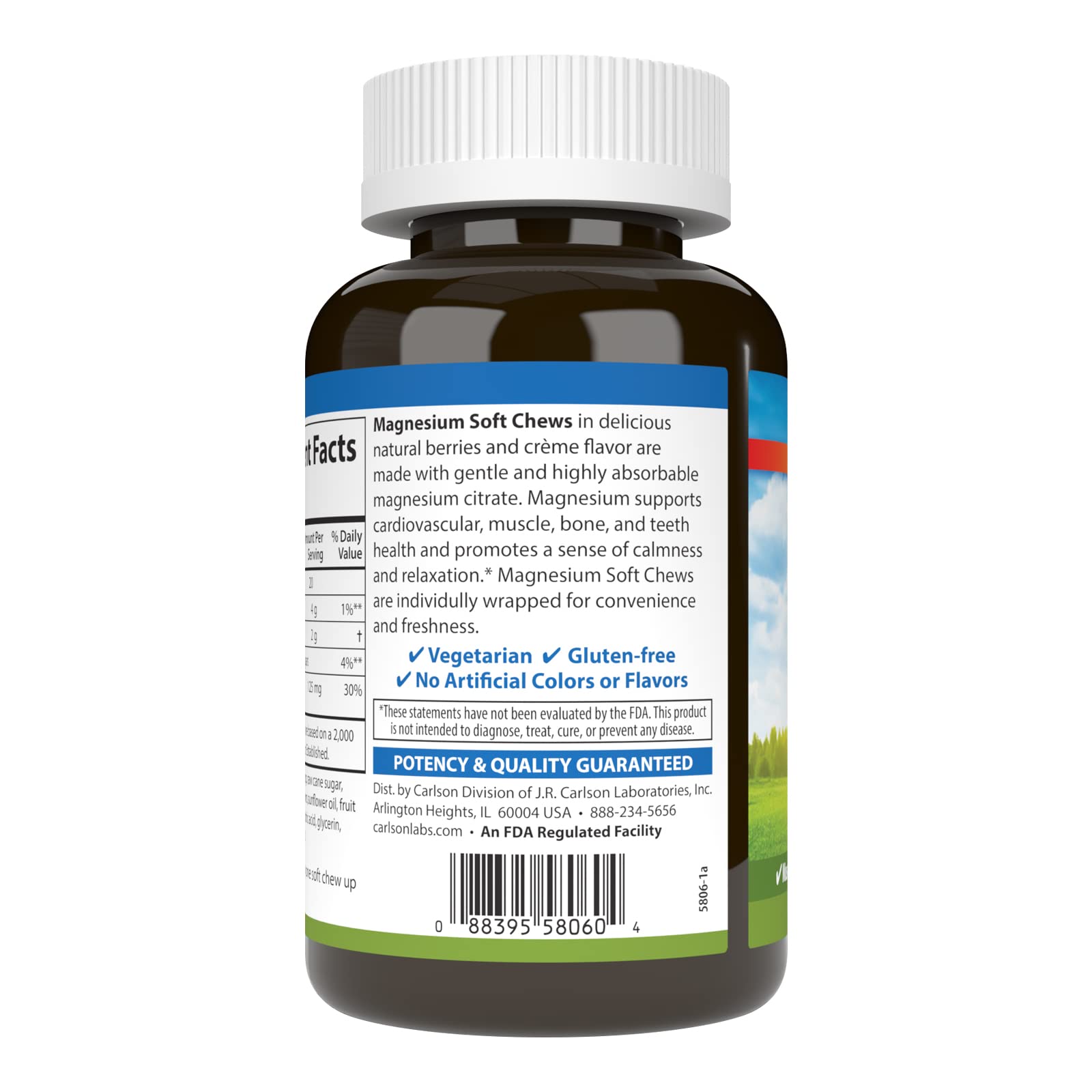 Front view of Carlson Magnesium Soft Chews bottle