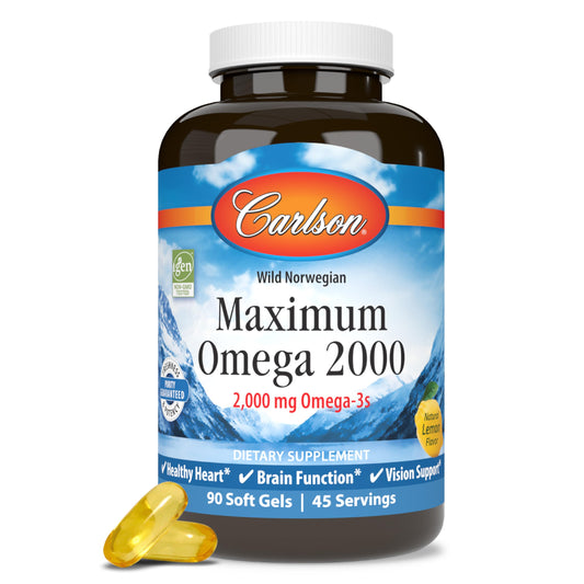 Carlson Maximum Omega 2000 lemon-flavored soft gels bottle front