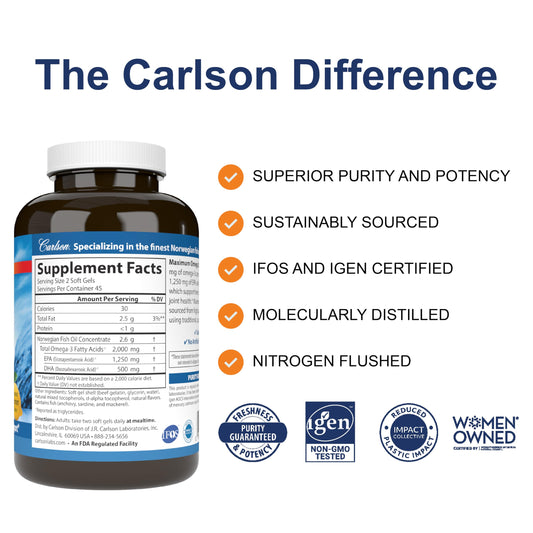 Carlson Maximum Omega 2000 lemon-flavored soft gels bottle side view