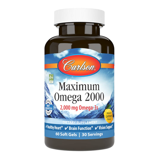 Carlson Maximum Omega 2000 lemon-flavored softgels bottle