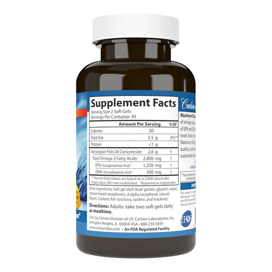 Close-up of Carlson Maximum Omega 2000 lemon softgels