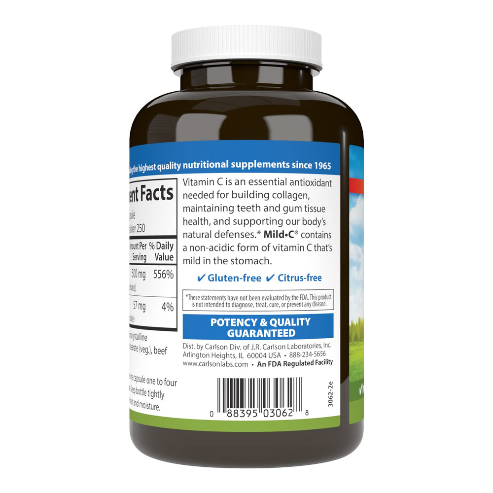 Label and ingredients of Carlson Mild-C Buffered Vitamin C