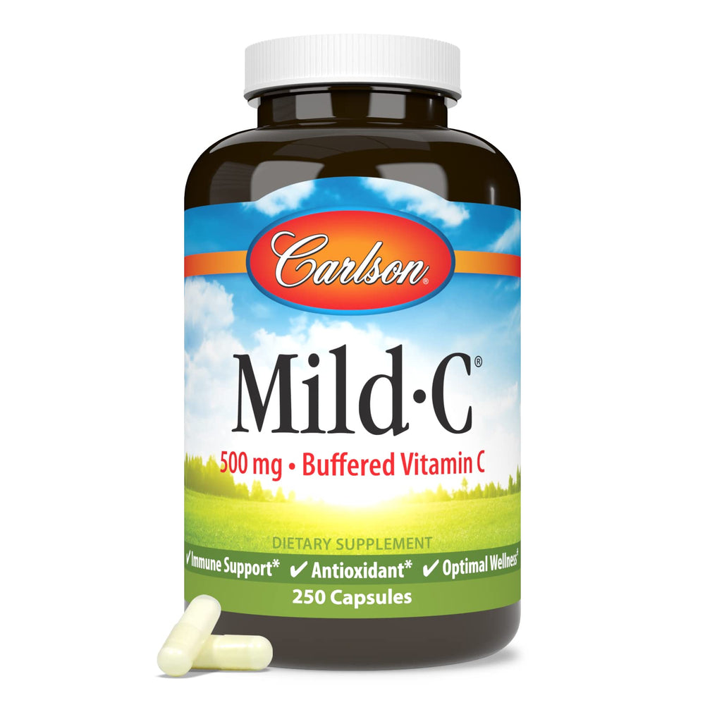 Bottle showing 250 Carlson Mild-C Vitamin C capsules