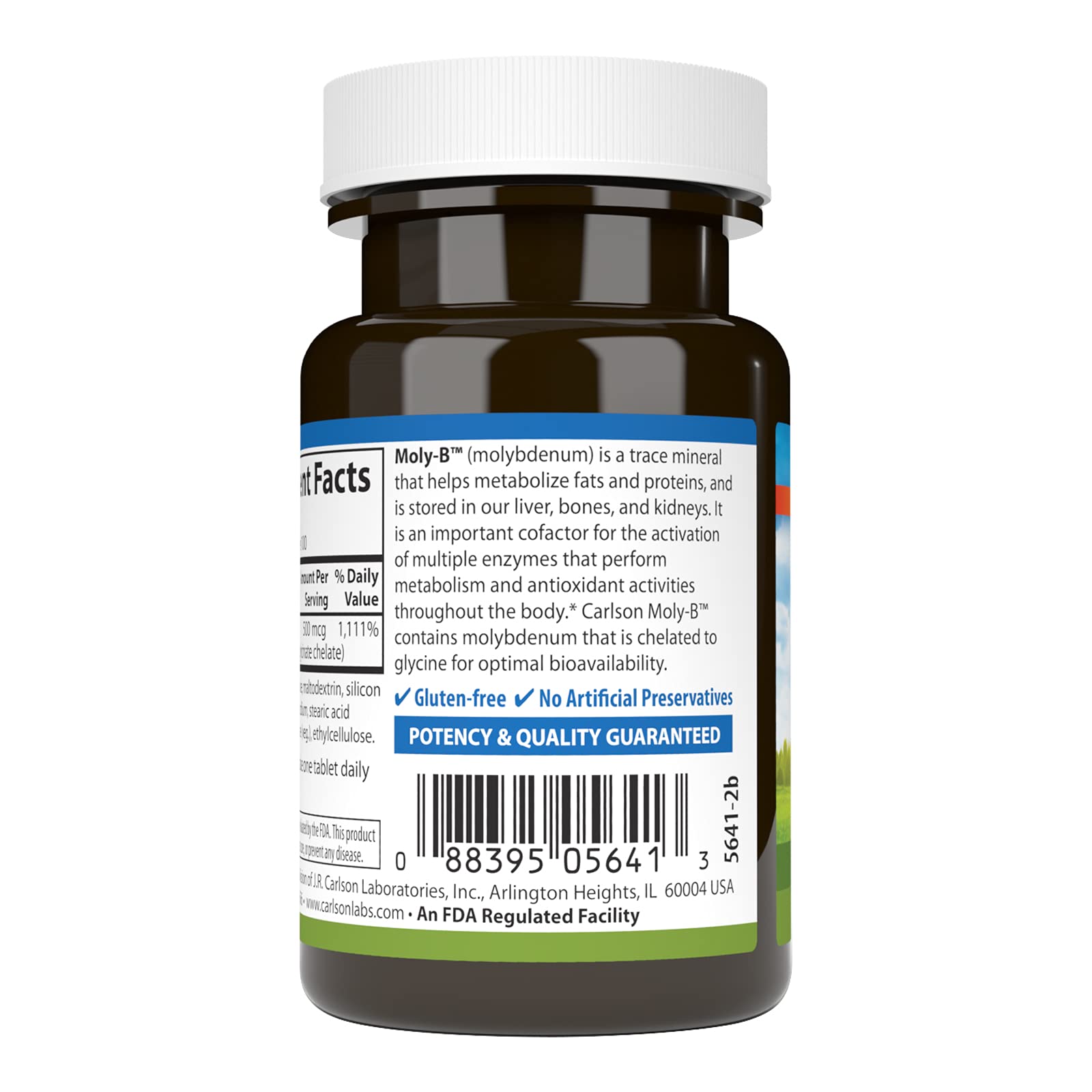 Vitamin bottle of Carlson Moly-B with label