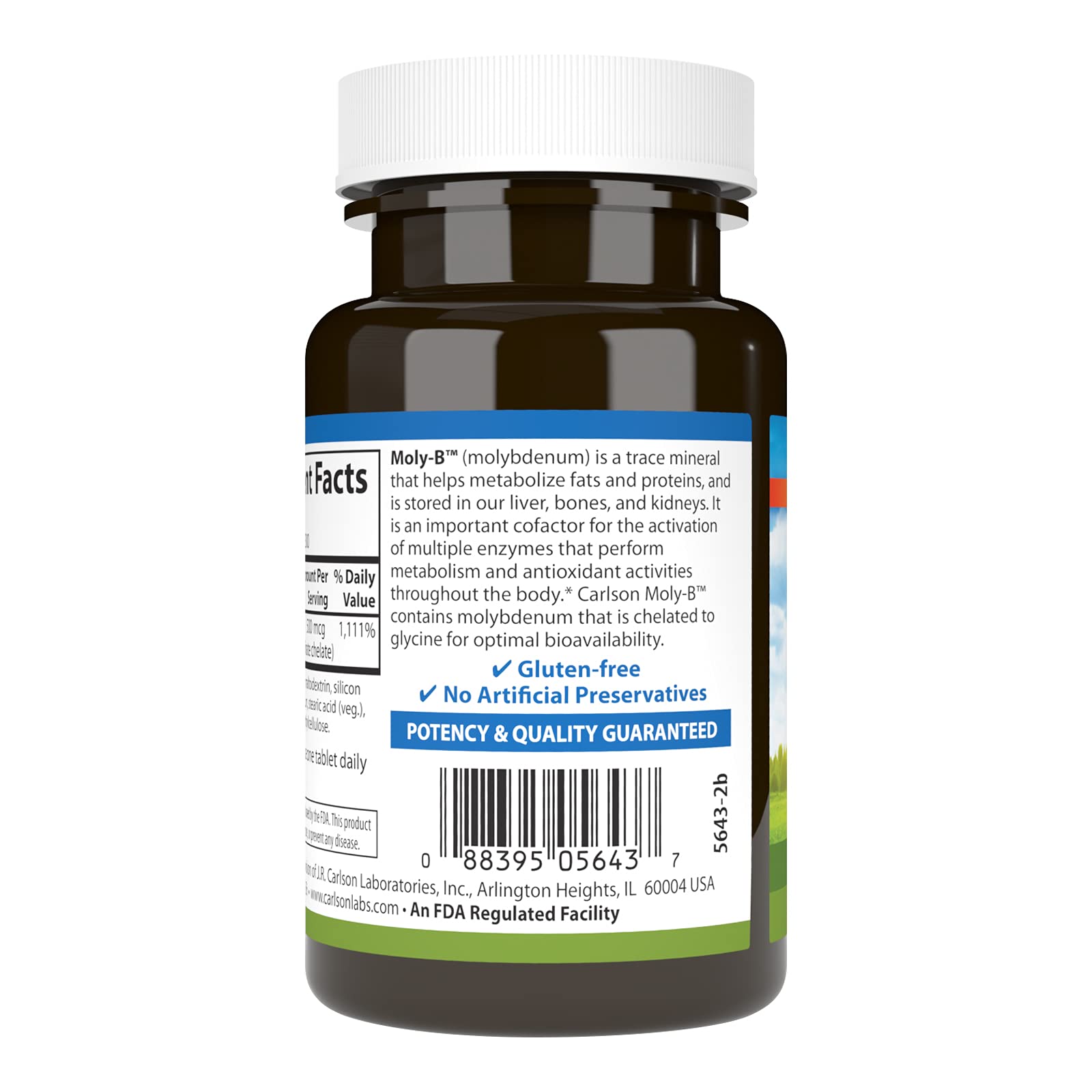 Tablets of Carlson Moly-B chelated molybdenum on white background