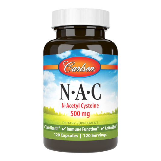 Carlson NAC 500mg bottle with 120 vegetarian capsules label