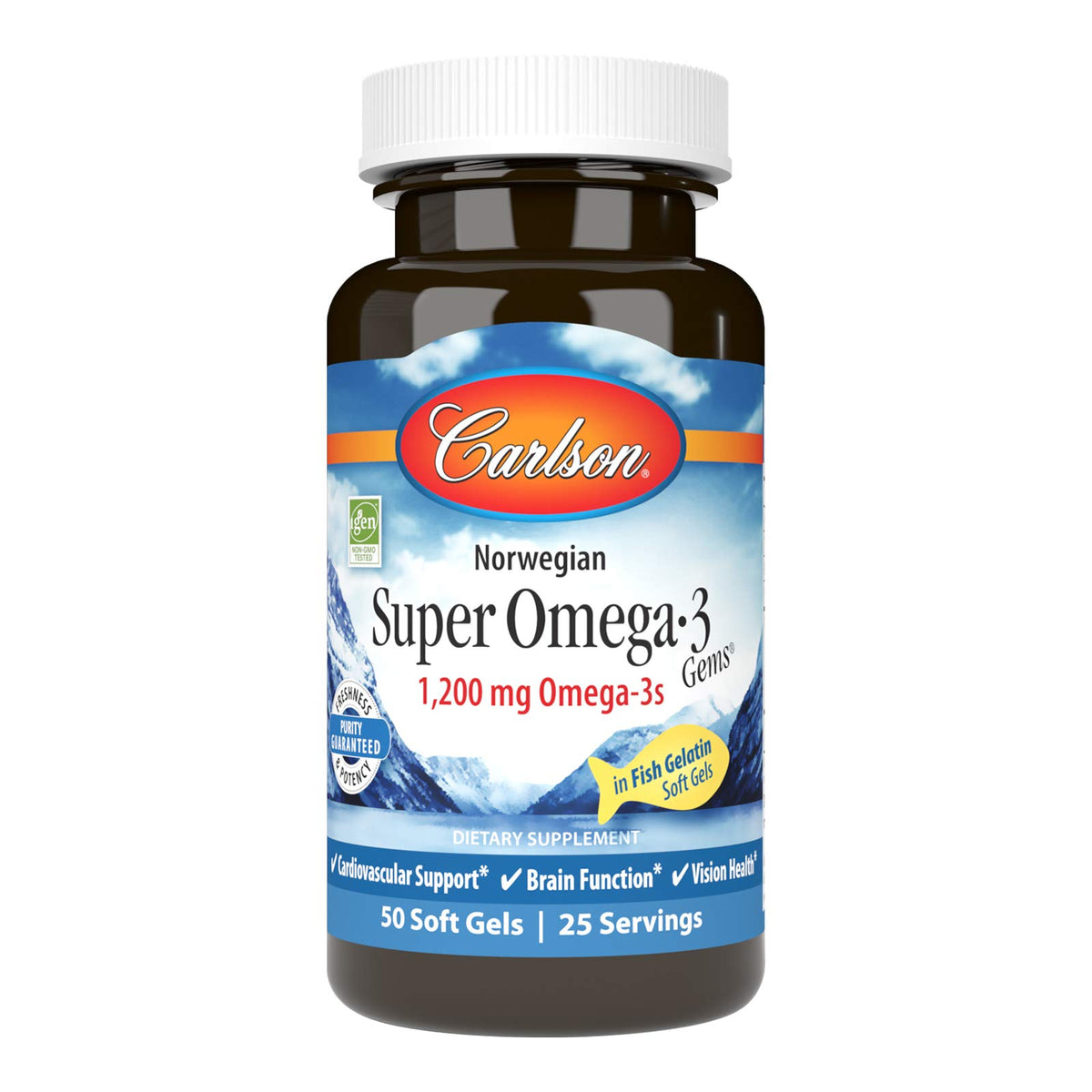 Carlson Omega-3 Gems bottle showing 1200 mg omega-3s per serving