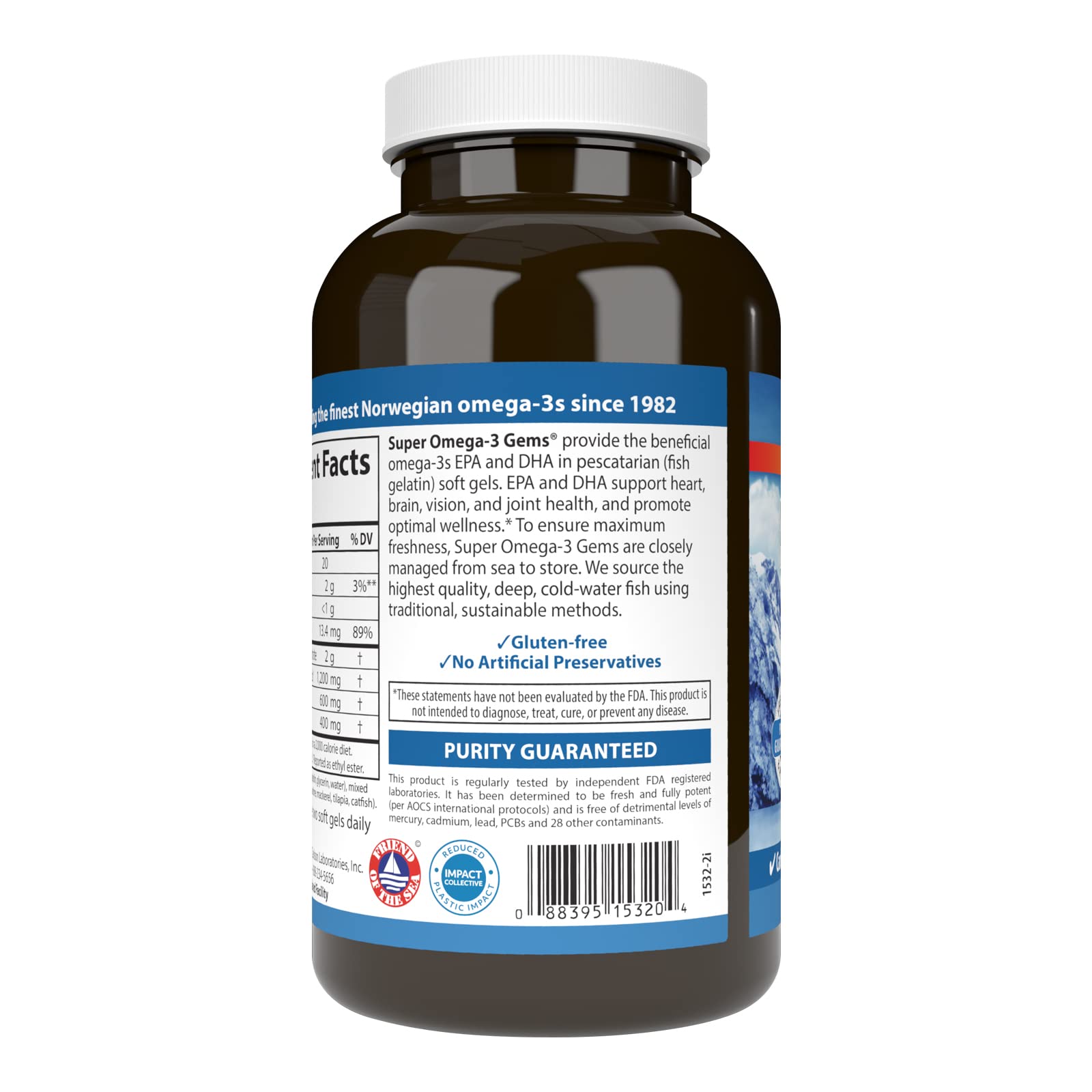 Carlson Omega-3 Gems label design emphasizing purity and freshness.