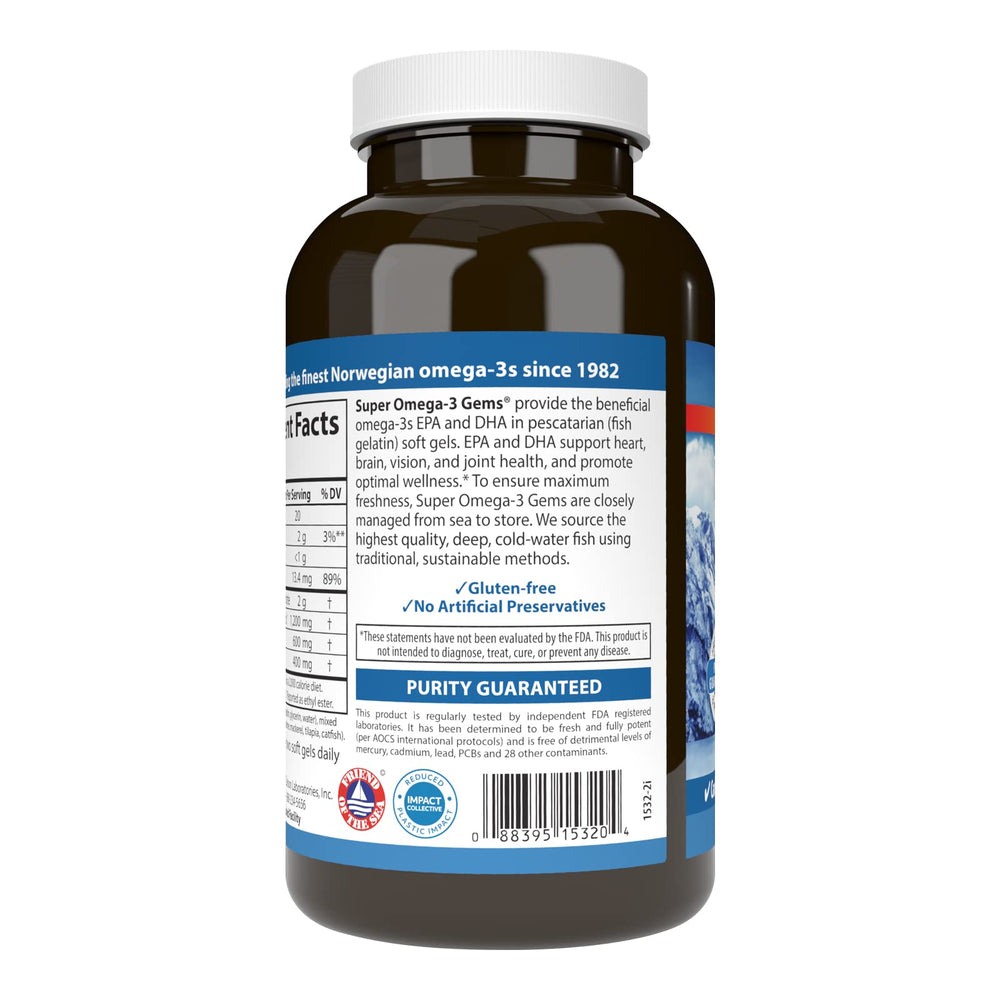 Carlson Omega-3 Gems label design emphasizing purity and freshness.