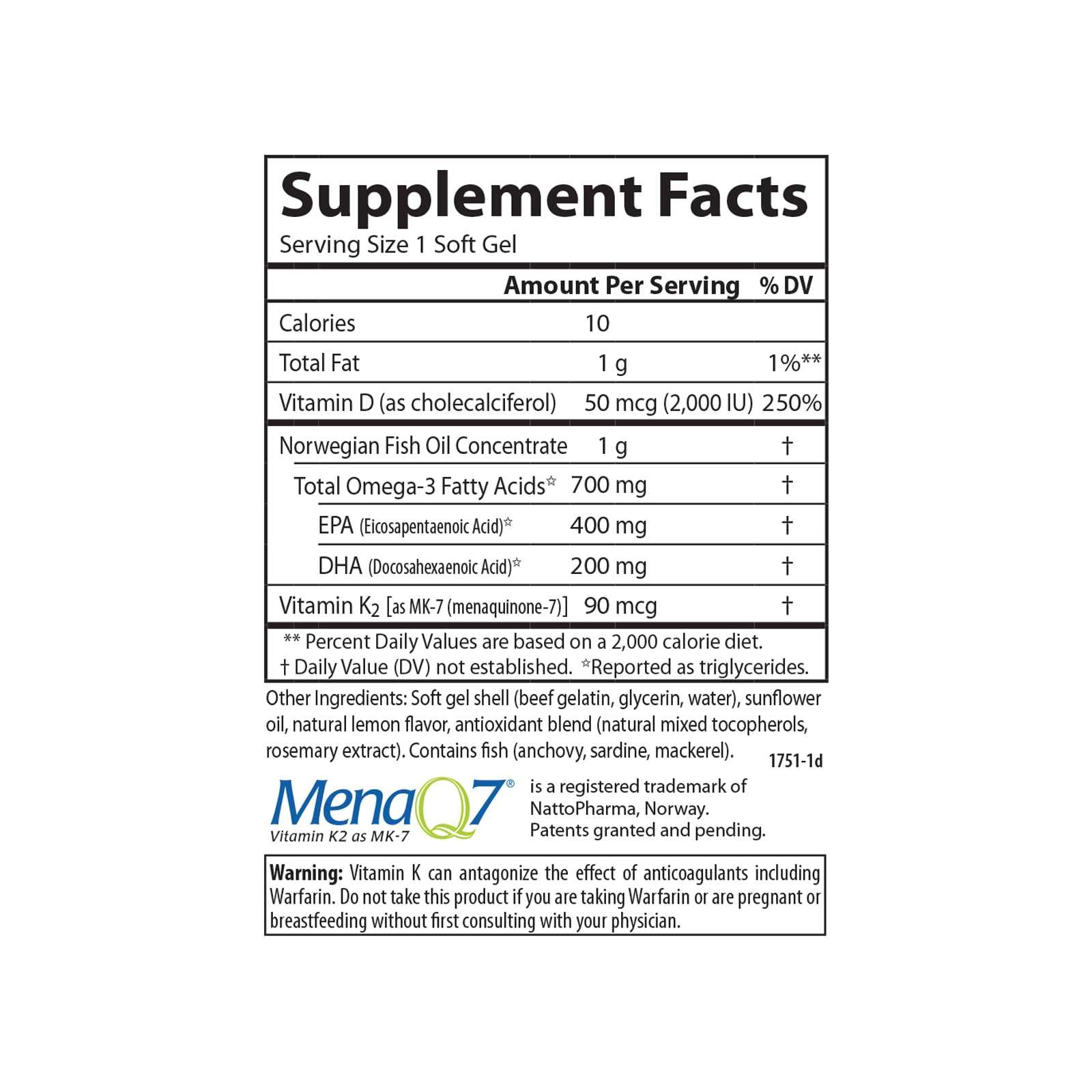 Label highlighting vitamin D3 and vitamin K2 (MK-7) in Carlson Omega-3 Plus D & K