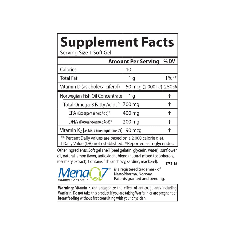 Label highlighting vitamin D3 and vitamin K2 (MK-7) in Carlson Omega-3 Plus D & K