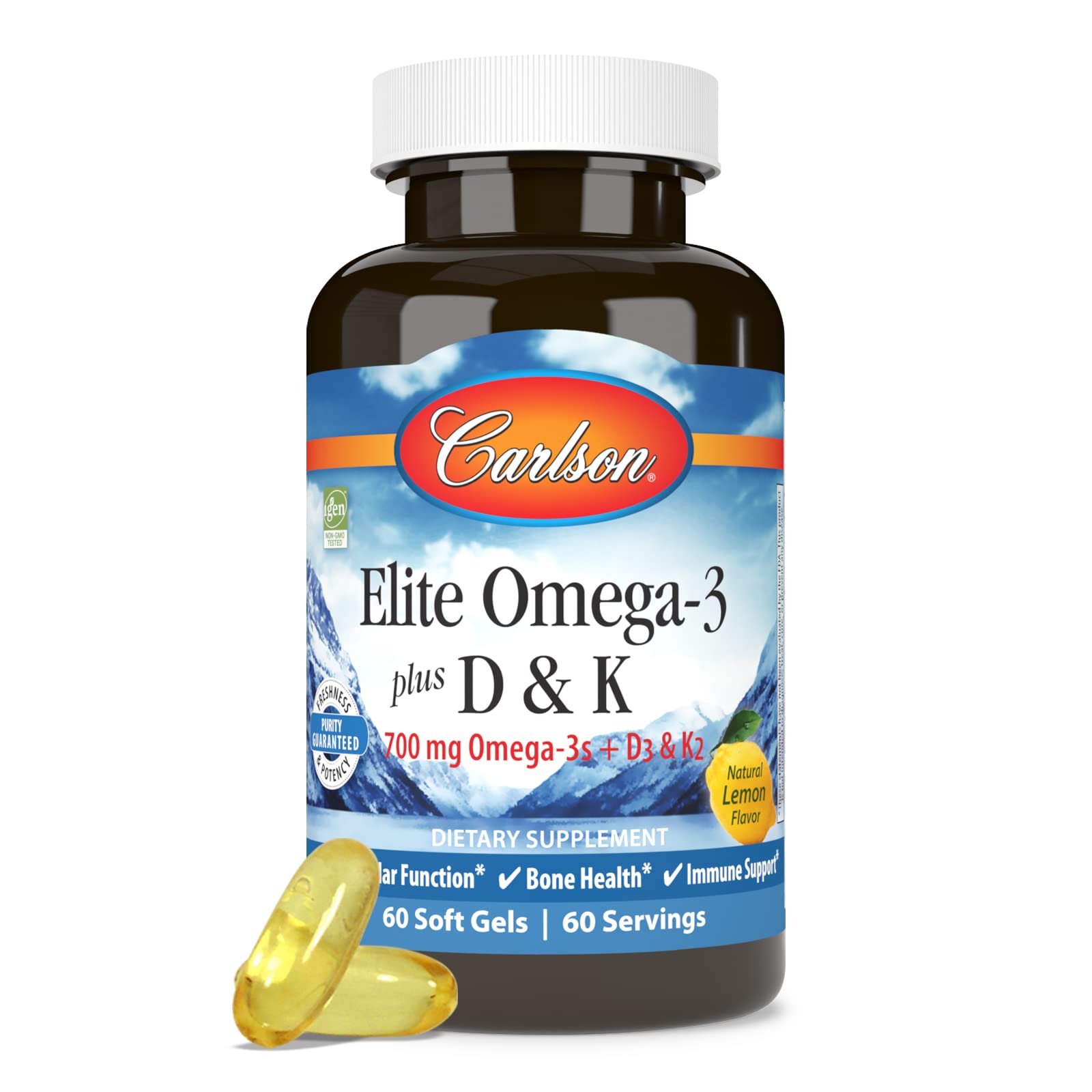 Ingredients and directions for Carlson Omega-3 Plus D & K Lemon