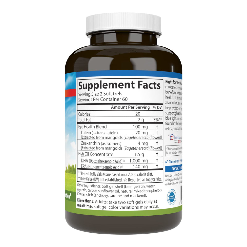Close-up of DHA 1000 mg, lutein 20 mg, zeaxanthin 4 mg on label