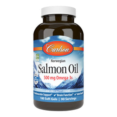 Carlson Salmon Oil bottle close-up highlighting 500 mg omega-3 per serving.
