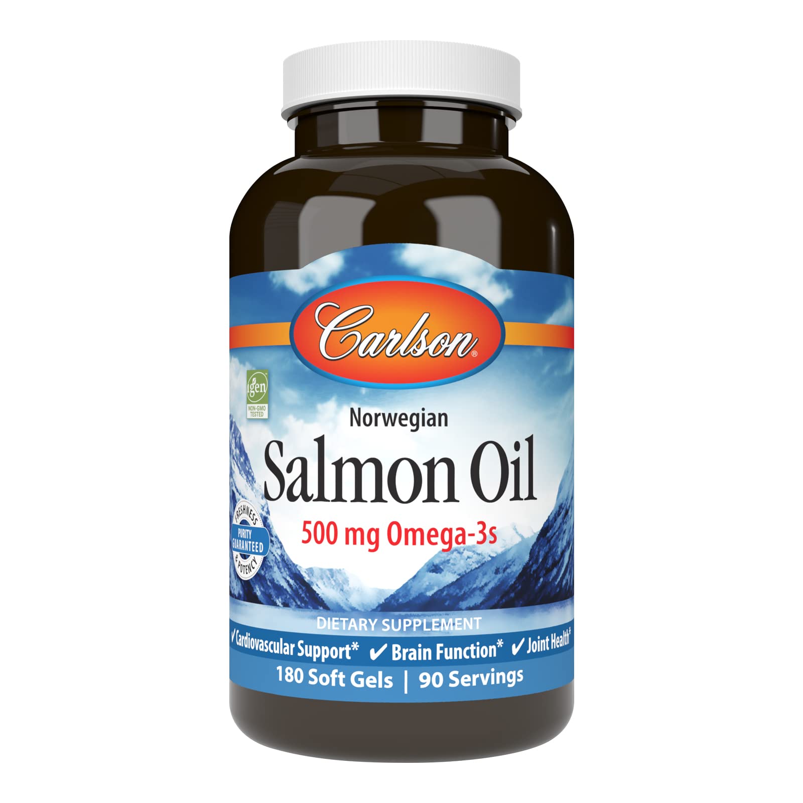 Carlson Salmon Oil bottle with label highlighting 500mg Omega-3s