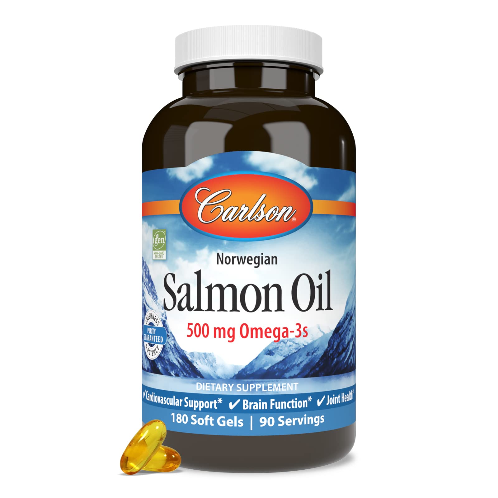 Carlson Salmon Oil certifications badge showing IFOS and non-GMO.