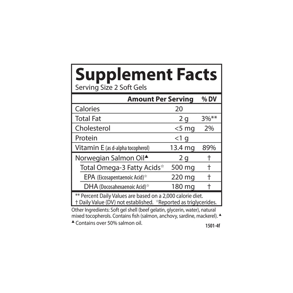 Carlson Salmon Oil label detail emphasizing certifications.